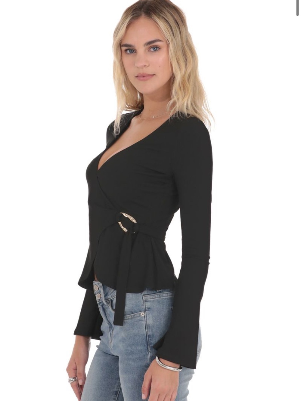 Lucy in the Sky Black Wrap Peplum Long-Sleeve Top with Side Tie - Picture 2 of 6